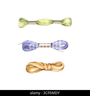 ensemble d'aquarelle de thème de broderie, croquis dessinés à la main d'écheveaux de fil vert, lilas, violet, couleurs bleues pour le travail à l'aiguille, handiwork avec des fils, ya Banque D'Images