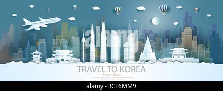 Voyage monuments ville de corée du Sud avec vol et ballon, Tour de monument du monde à l'histoire avec vue panoramique sur le paysage urbain capitale populaire, Origami PA Illustration de Vecteur