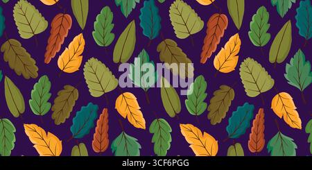 Motif sans couture d'automne avec des feuilles multicolores sur fond sombre. Griffonner le feuillage dessiné à la main. Arrière-plan reproductible d'automne parfait pour la mode Illustration de Vecteur