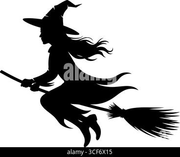 La saison effrayante d'Halloween est ici avec une sorcière volant sur son balai en silhouette, parfait pour vos dessins étranges d'octobre Illustration de Vecteur