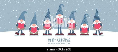 mignon nain tenant des coeurs et paysage enneigé de carte de voeux de noël illustration vectorielle Illustration de Vecteur