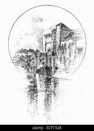 La porte, le château de Leeds : une vieille porte de pierre s'élève à côté d'une rivière calme, partiellement reflétée dans l'eau. Un pont voûté mène vers l'entrée, encadré de lierre et de murs vieillis. La composition circulaire souligne le caractère médiéval de l'architecture, mêlant nature et forteresse dans une vue tranquille et pittoresque. Illustration publiée pour la première fois en 1888 par Richard Clay and sons dans le livre Coaching Days and Coaching Ways de W. Outram Tristram. Les illustrateurs étaient Herbert Railton et Hugh Thomson. Banque D'Images