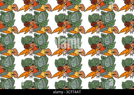 Set botanique décoratif différents légumes isolés sur fond blanc. Légumes colorés dessinés à la main avec chou carotte pois poivre oignon Illustration de Vecteur