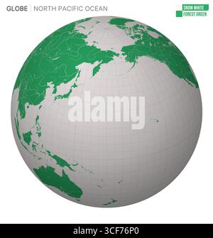 Vecteur Globe centré sur l'océan Pacifique Nord. Palette de vert forêt blanc neige. Carte du monde avec méridiens, parallèles, pays, rivières et lacs. Illustration de Vecteur