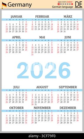 Calendriers de poche verticaux allemands pour 2026 (deux mille vingt-six). La semaine commence dimanche. Nouvel an. Couleur design simple. Vecteur Illustration de Vecteur