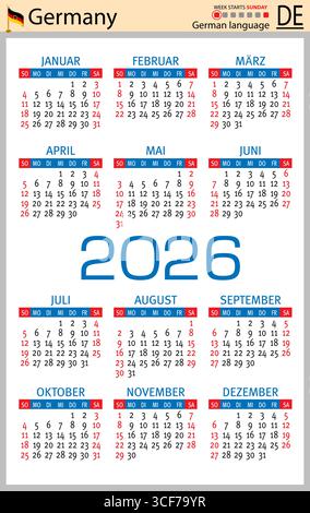 Calendriers de poche verticaux allemands pour 2026 (deux mille vingt-six). La semaine commence dimanche. Nouvel an. Couleur design simple. Vecteur Illustration de Vecteur