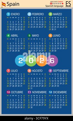 Calendriers de poche verticaux espagnols pour 2026 (deux mille vingt-six). La semaine commence dimanche. Nouvel an. Couleur design simple. Vecteur Illustration de Vecteur