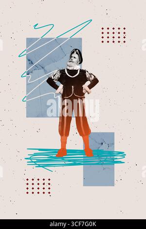 Modèle d'illustration de tendance conception de collage esquisse 3D de nostalgie vieille tenue de style rétro victorien vieilli homme stand confiant ligne mess doodle Banque D'Images