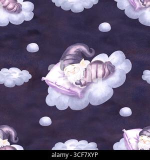 Gnomes mignons dormant sur le ciel nuageux, aquarelle sans couture motif sombre pour la conception des enfants. Illustration dessinée à la main d'elfes de nuit de rêves de fées. Magique Banque D'Images