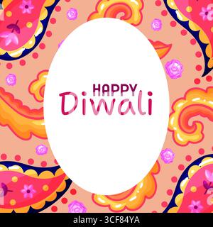 Affiche festive Happy Diwali avec des motifs floraux abstraits tourbillonnants dans des tons chauds rose, jaune et orange sur un fond vibrant. Une forme centrale ovale Illustration de Vecteur