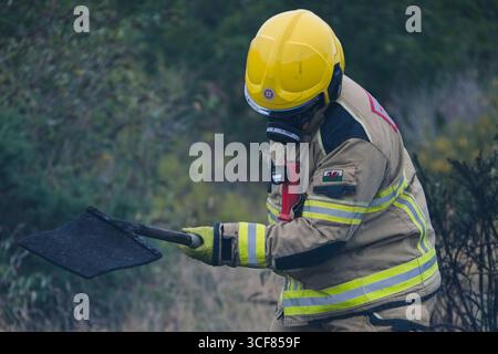 Pompiers face à un incendie gorse à Amlwch. Banque D'Images