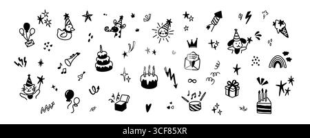 Conception graphique de fond d'anniversaire de bébé de ligne mignonne Doodle. Gribouilles fantaisistes au crayon. Icônes, éléments, autocollants pour cartes de célébration, invita Illustration de Vecteur