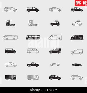 Élégant dessin animé moderne Clipart de voiture noir et blanc. Vues latérales de vecteur de voiture dans Black Vector. Illustration de Vecteur