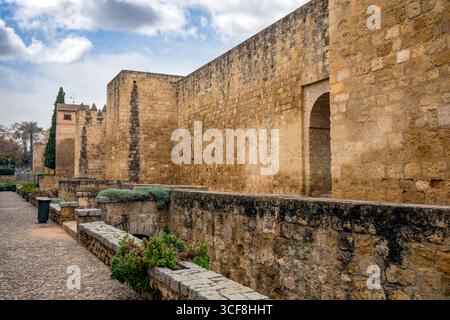 Forte porte Almodóvar du mur périphérique de Córdoba, Andalousie, Espagne avec des arbres décoratifs Banque D'Images