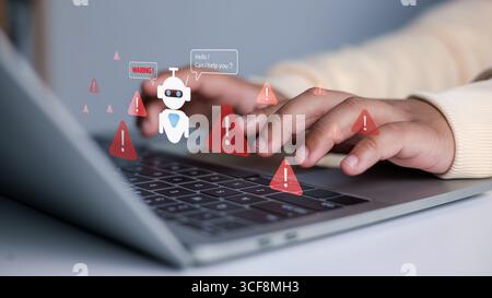 Avertissements relatifs à la cybersécurité et aux ordinateurs portables. Les menaces de sécurité en ligne, les escroqueries par IA et l'importance de la cybersensibilisation et de la protection. Mains tapant sur un ordinateur portable w Banque D'Images