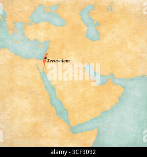 Jérusalem sur la carte du moyen-Orient (Asie occidentale) dans un style grunge doux et vintage, comme du vieux papier avec de la peinture à l'aquarelle. Banque D'Images