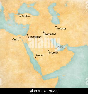 Les villes les plus importantes sur la carte du moyen-Orient (Asie occidentale) dans le style grunge doux et vintage, comme le vieux papier avec la peinture à l'aquarelle. Banque D'Images