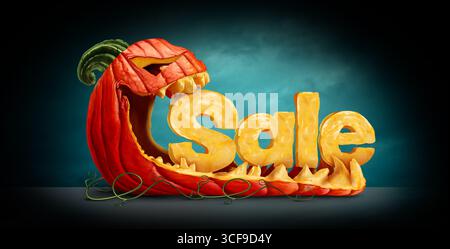 Icône de vente d'Halloween comme une lanterne de citrouille Jack O comme un personnage orange effrayant drôle avec texte sculpté comme une saison d'automne ou message marketing d'automne avec Banque D'Images