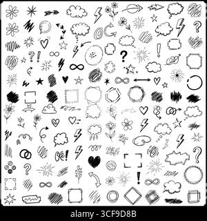 Collection d'éléments de doodle dessinés à la main, y compris des fleurs de formes et des symboles sur un fond blanc Illustration de Vecteur