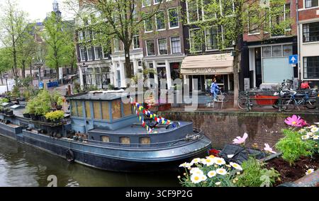 Jolie barge péniche au bord du canal avec banderole et pots de fleurs. Prinsengracht, quartier du canal de Grachtengordel, Amsterdam, avril, Europe du Nord Banque D'Images