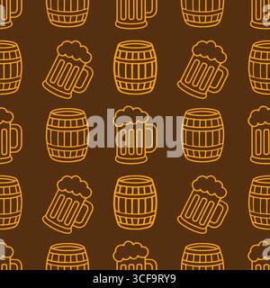 Modèle vectoriel sans couture de tasses à bière et de tonneaux en bois dans un style d'art de ligne orange minimaliste sur un fond brun foncé, idéal pour Oktoberfest ou bre Illustration de Vecteur