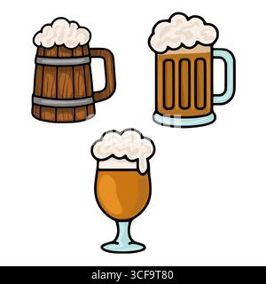 Une charmante illustration vectorielle mettant en vedette trois tasses à bière distinctes, une tanière en bois rustique, un verre à pinte classique et un verre tulipe élégant, chacun à bord Illustration de Vecteur