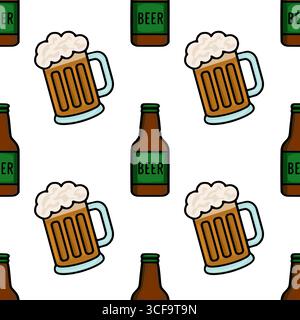 Modèle vectoriel sans couture avec une illustration ludique de tasses et de bouteilles de bière, parfait pour Oktoberfest ou des conceptions sur le thème de la bière, avec un outli audacieux Illustration de Vecteur