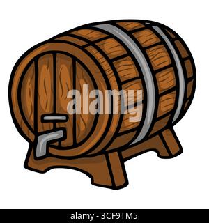 Une illustration vectorielle détaillée d'un tonneau en bois avec un robinet, présentant une texture réaliste de grain de bois et des cerceaux métalliques, debout sur un simple support. Illustration de Vecteur