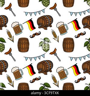 Modèle vectoriel sans couture avec des éléments Oktoberfest tasses à bière, tonneaux, houblons, saucisses, drapeaux allemands, et moustaches, conçues dans un cartoo dessiné à la main Illustration de Vecteur
