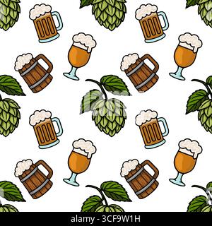 Modèle vectoriel sans couture de tasses à bière dessinées à la main, steins et houblons, parfait pour les célébrations de l'Oktoberfest, avec un mélange unique de dessin animé et det Illustration de Vecteur