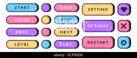 Ensemble vectoriel de boutons de démarrage, suivant, arrêt, sortie et niveau de pixel art colorés. Symboles pixelisés de jeu vidéo, cadre, icônes de menu d'interface dans le style rétro 8 bits. Éléments d'interface utilisateur vectorielle pour application mobile, conception d'arcade Illustration de Vecteur