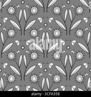 Motif floral sans couture dans le style zentangle. Ornement décoratif monochrome sur fond gris. Fleurs fantastiques inhabituelles avec contour noir clair. Mignon Illustration de Vecteur