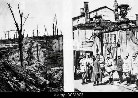 Illustration à deux pages tirée de L’illustration (mai 1916) montrant des scènes de la bataille de Verdun. Gauche : dévasté le bois de la caillette avec les troupes françaises tenant une tranchée, récemment reprise par la division du général Mangin les 3 et 5 avril. Droite : le général de Castelnau félicite le général Mangin et ses officiers devant un poste de commandement français. Ces images reflètent la destruction du champ de bataille de Verdun et la direction des généraux français pendant la première Guerre mondiale Banque D'Images