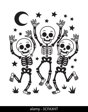 Squelettes dansants avec étoiles et lune illustration d'Halloween Illustration de Vecteur