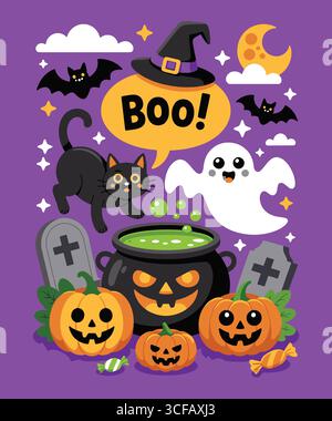 Chat mignon d'Halloween, citrouilles et illustration de chaudron Illustration de Vecteur
