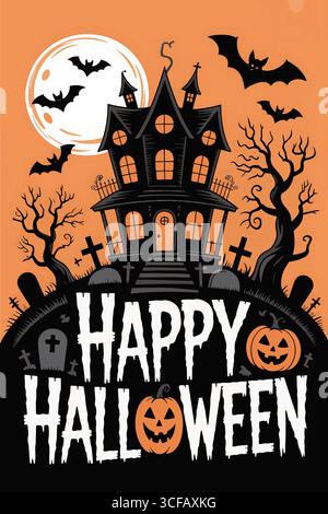 Maison hantée d'Halloween avec citrouilles et pleine lune Illustration de Vecteur