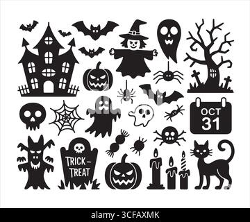 Halloween Spooky Clipart : fantômes, citrouilles, squelettes et sorcières Illustration de Vecteur