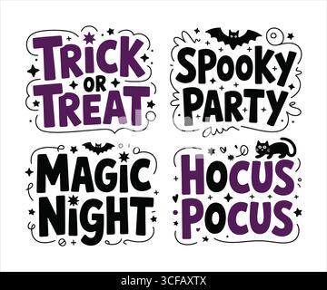 Phrases de texte Halloween : Trick or Treat, Spooky Party, Magic Night, Hocus Pocus Illustration de Vecteur
