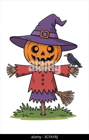Dessin animé citrouille Scarecrow avec chapeau violet et corbeau Illustration de Vecteur