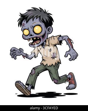 Dessin animé Zombie en cours d'exécution avec des yeux brillants et des vêtements en lambeaux Illustration de Vecteur