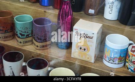 Montréal QC, Canada - 20 juillet 2025 : le jouet en peluche de collection Labubu de Pop Mart est en vedette avec des tasses et des bouteilles colorées dans une victoire au détail Banque D'Images