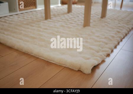 Tapis texturé confortable sous une table à manger dans une pièce lumineuse Banque D'Images