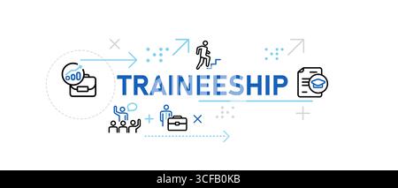 programme de stage apprentissage apprentissage bannière conceptuelle illustration des icônes de ligne représentant le gain et le mentorat à l'avancement de carrière Illustration de Vecteur