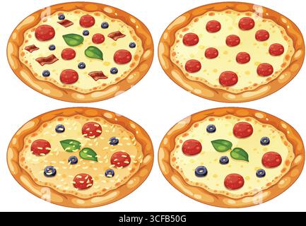 Illustration vectorielle de quatre pizzas au fromage avec différentes garnitures, y compris le pepperoni, les feuilles de basilic, les myrtilles et le bacon, arrangé dans un propre plus Illustration de Vecteur
