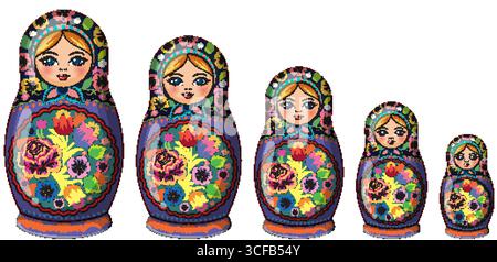 Illustration vectorielle de cinq poupées matryoshka russes colorées disposées en rangée, motifs floraux détaillés, couleurs vives, style plat, fond blanc Illustration de Vecteur