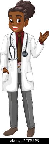 Illustration vectorielle d'une femme médecin souriante avec stéthoscope, portant un manteau blanc et une tenue professionnelle, debout avec un geste de bienvenue Illustration de Vecteur