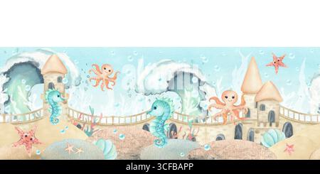 Illustration d'enfants de frontière sans couture d'aquarelle dans le style de la mer. Hippocampe, poulpe, étoile de mer et château sous-marin avec algues, pierres, vagues. Art Banque D'Images