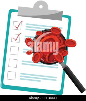 Illustration vectorielle de globules rouges sous loupe au-dessus d'une liste de contrôle médicale, en utilisant un design plat, des couleurs vives et des lignes épurées Illustration de Vecteur
