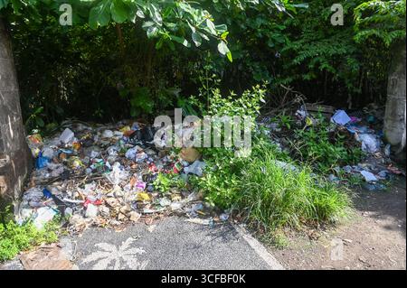 Déchets et détritus dispersés dans les rues de Bali, en Indonésie, soulignant les défis de la gestion des déchets et l'impact environnemental du tourisme Banque D'Images
