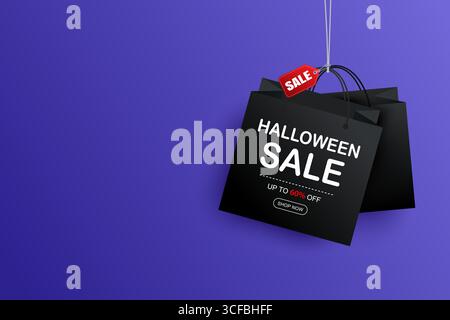 Vente de rabais d'Halloween avec fond de bannière de sacs à provisions. Modèle d'illustration d'Halloween pour affiche, flyer, vente et toute la conception. Illustration de Vecteur